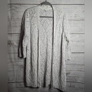 Open-Front White  and Blue Knit Cardigan Sweater